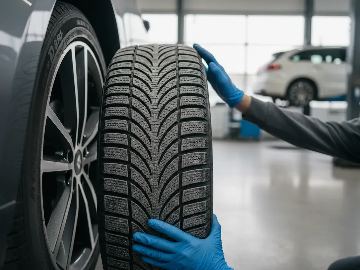 Zbliżenie na dłonie mechanika w rękawiczkach montującego zimową oponę na samochód w warsztacie, poranne światło przez okna.