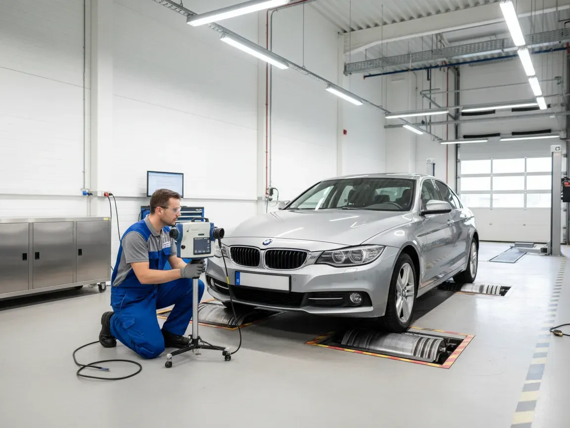 Realistyczne zdjęcie nowoczesnej stacji kontroli pojazdów: samochód na stanowisku diagnostycznym, technik w uniformie bada reflektory urządzeniem optycznym w ja